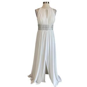R&M Richards Women's Formal Dress Size 6 White Beaded Halter Evening Gown
